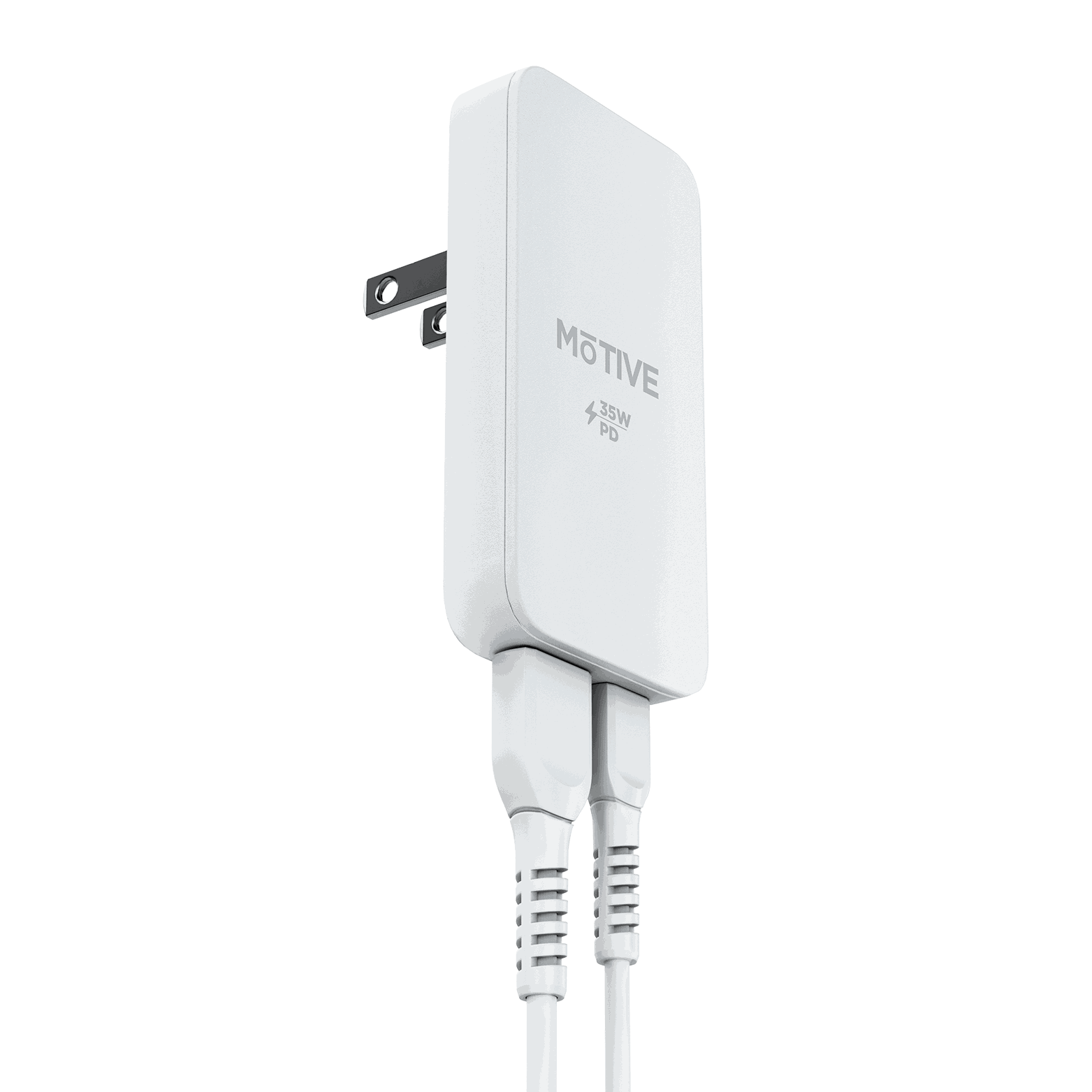 The 35W dual port GaN charger with both a USB-C and a USB-A cable connected, demonstrating its versatility.