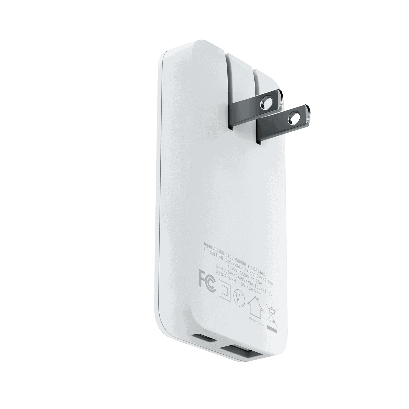 The Motivecase 35W GaN charger shown from the back, highlighting its folding prongs for travel portability.