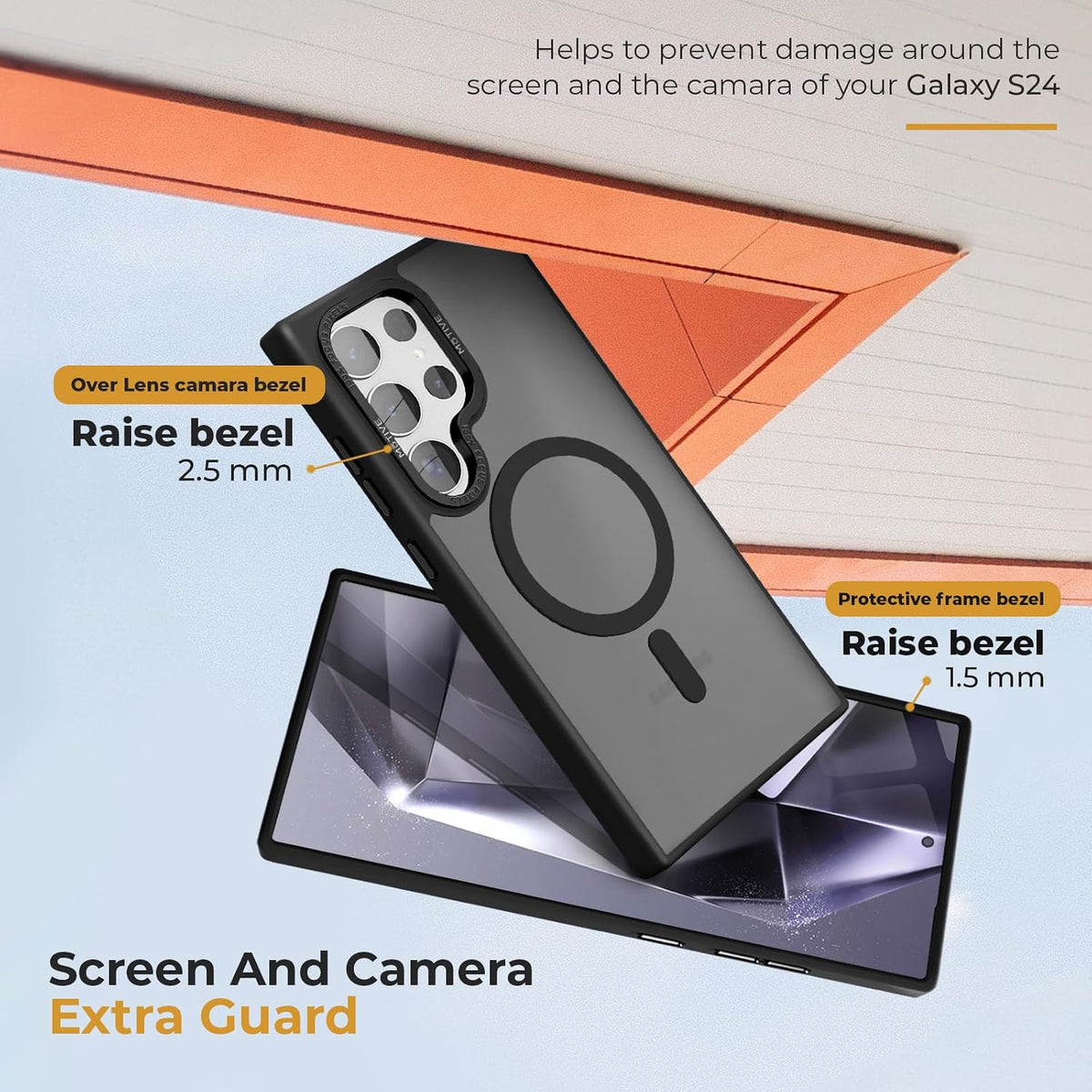 Front and rear view of Motivecase Crystal Frost Series clear case for Samsung Galaxy S24 Ultra resting on quartz rocks displaying transparent back panel. **(24 words)**