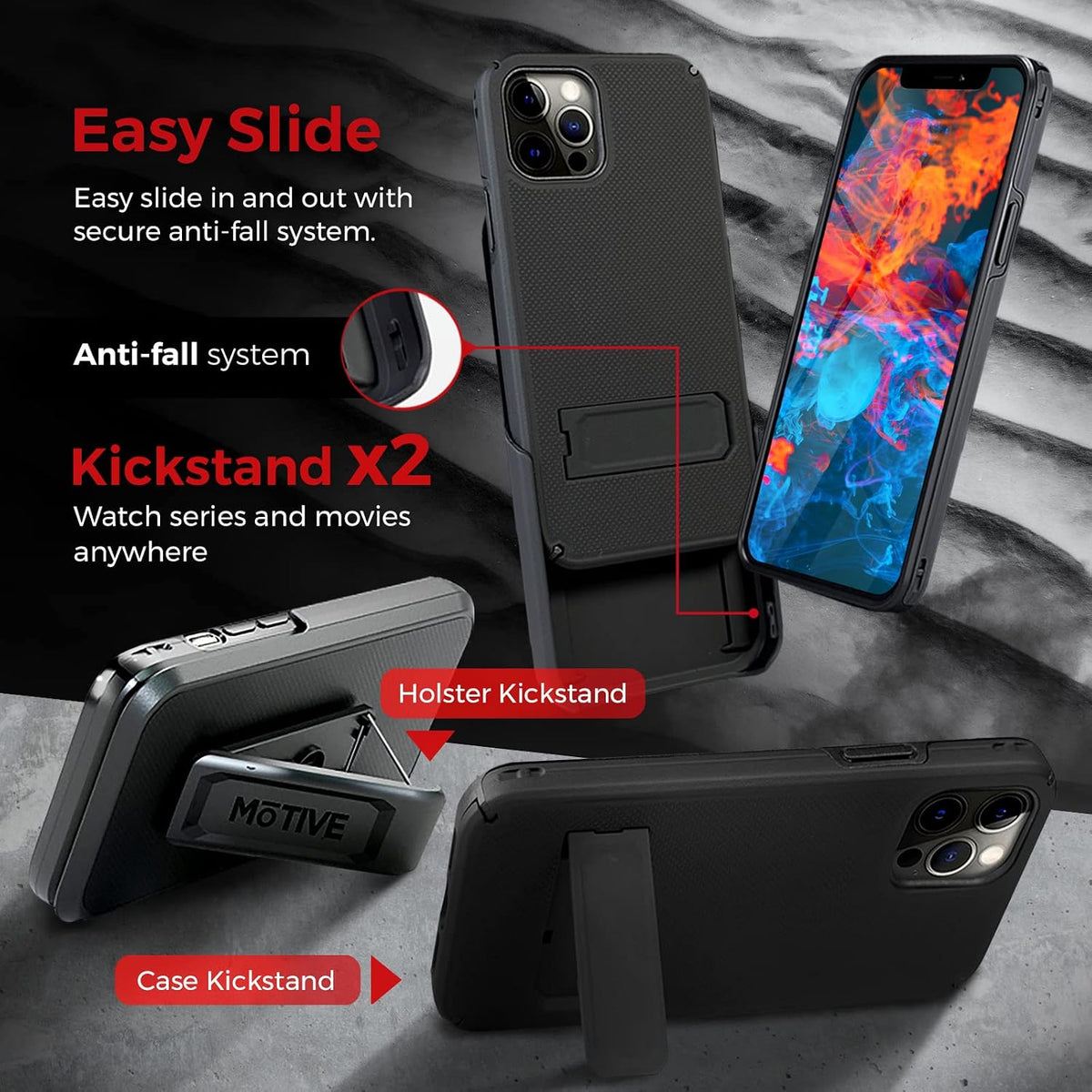 Motivecase Ranger V2 heavy-duty case for iPhone 13 Pro Max standing securely using integrated multi-angle retractable kickstand for hands-free viewing.