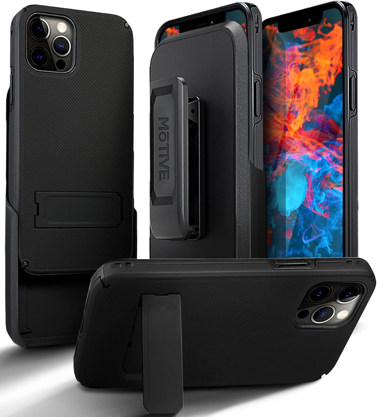 Motivecase Ranger V2 heavy-duty case for iPhone 13 Pro Max standing securely using integrated multi-angle retractable kickstand for hands-free viewing.