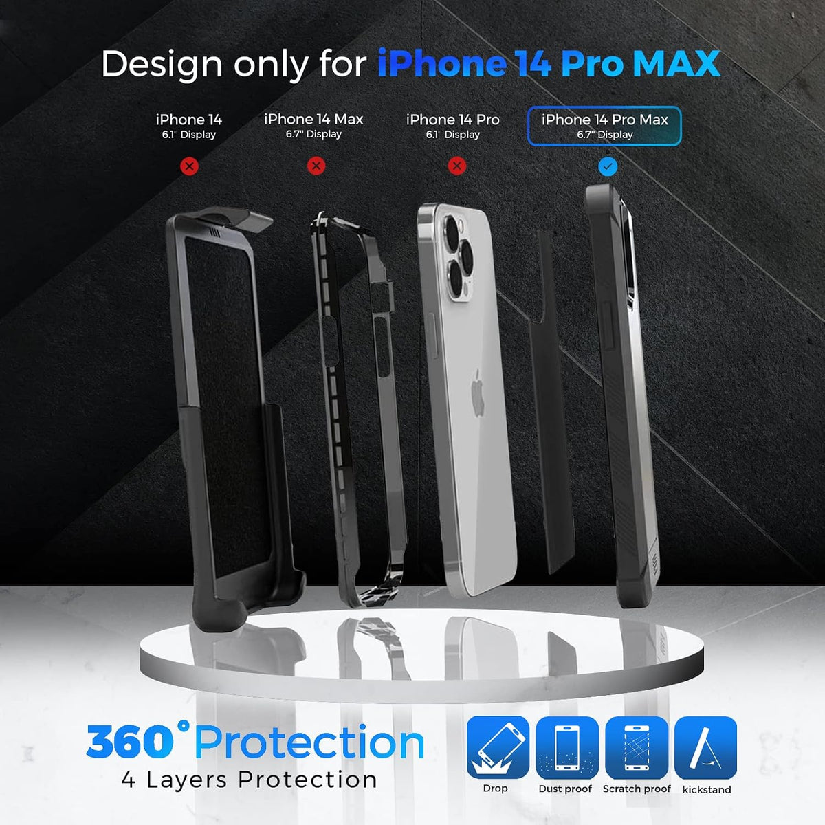 Device compatibility chart graphic for Motivecase Bunker case confirming precise custom fit exclusively for Apple iPhone 14 Pro Max 6.7-inch smartphone.