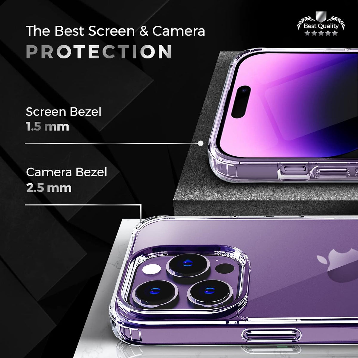 Detailed close-up of Motivecase Crystal Clear Series case for iPhone 14 Pro Max demonstrating 1.5mm raised screen bezel and 2.5mm camera lens borders. **(23 words)**