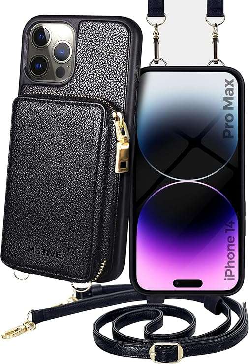 Official Motivecase Fancy Series crossbody wallet case for the Apple iPhone 14 Pro Max in Black.