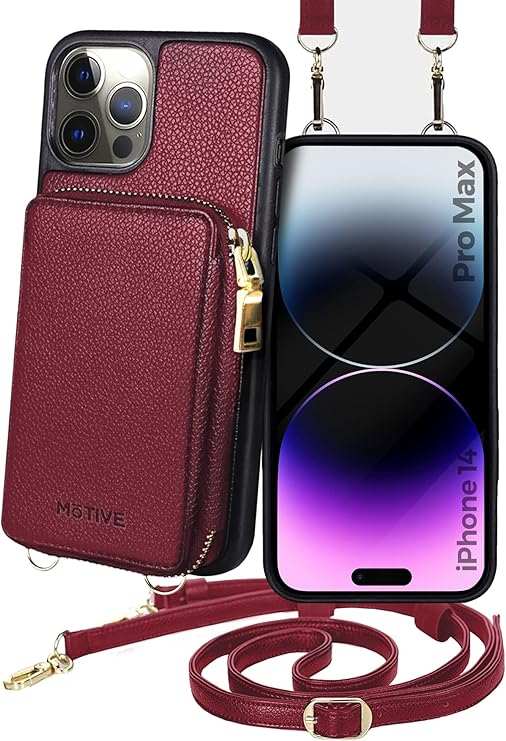 Official Motivecase Fancy Series crossbody wallet case for the Apple iPhone 14 Pro Max in Red Wine.