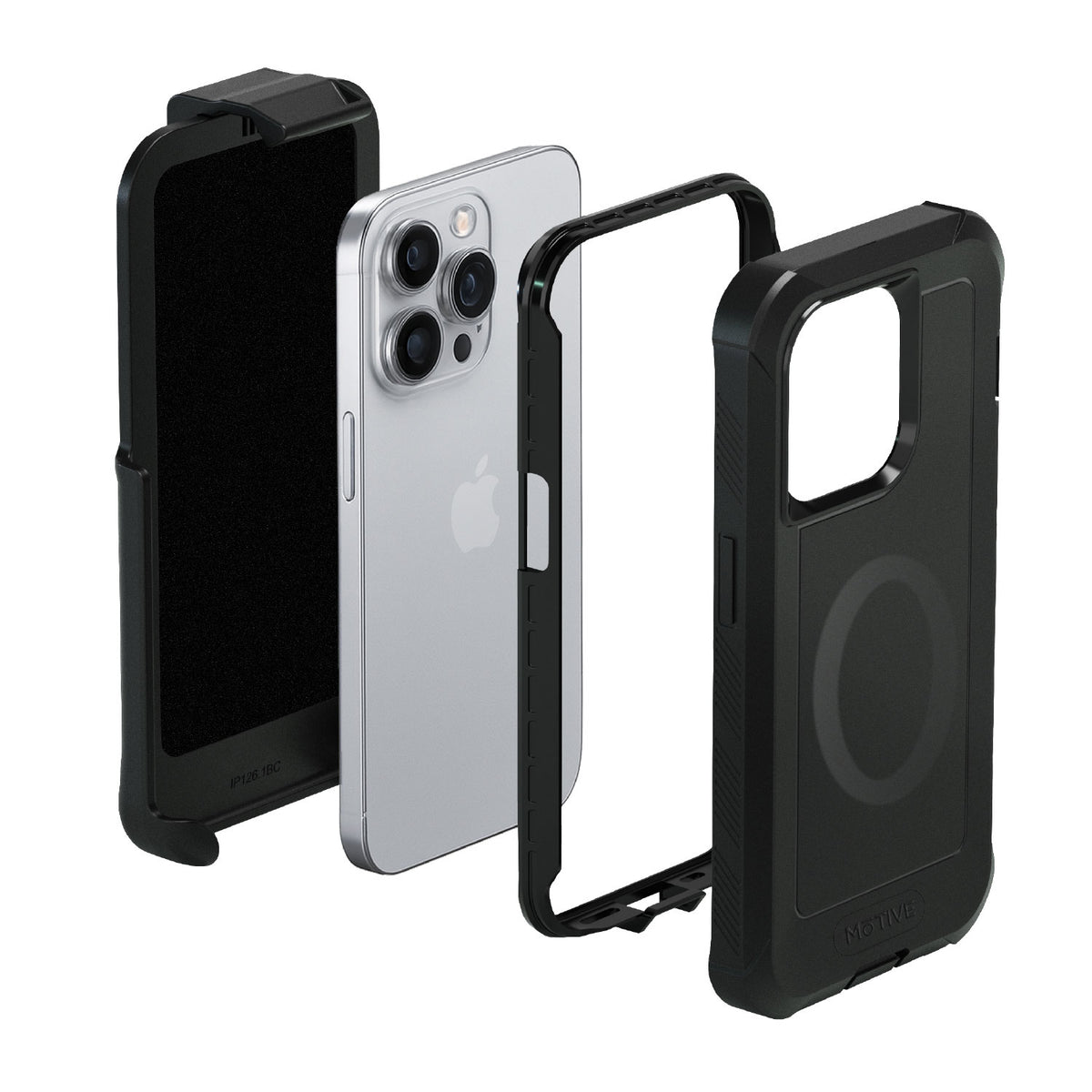 Exploded multi-layer protection diagram of Motivecase Bunker case for iPhone 15 Pro Max highlighting felt-lined holster, rigid front frame, and shockproof MagSafe armor.