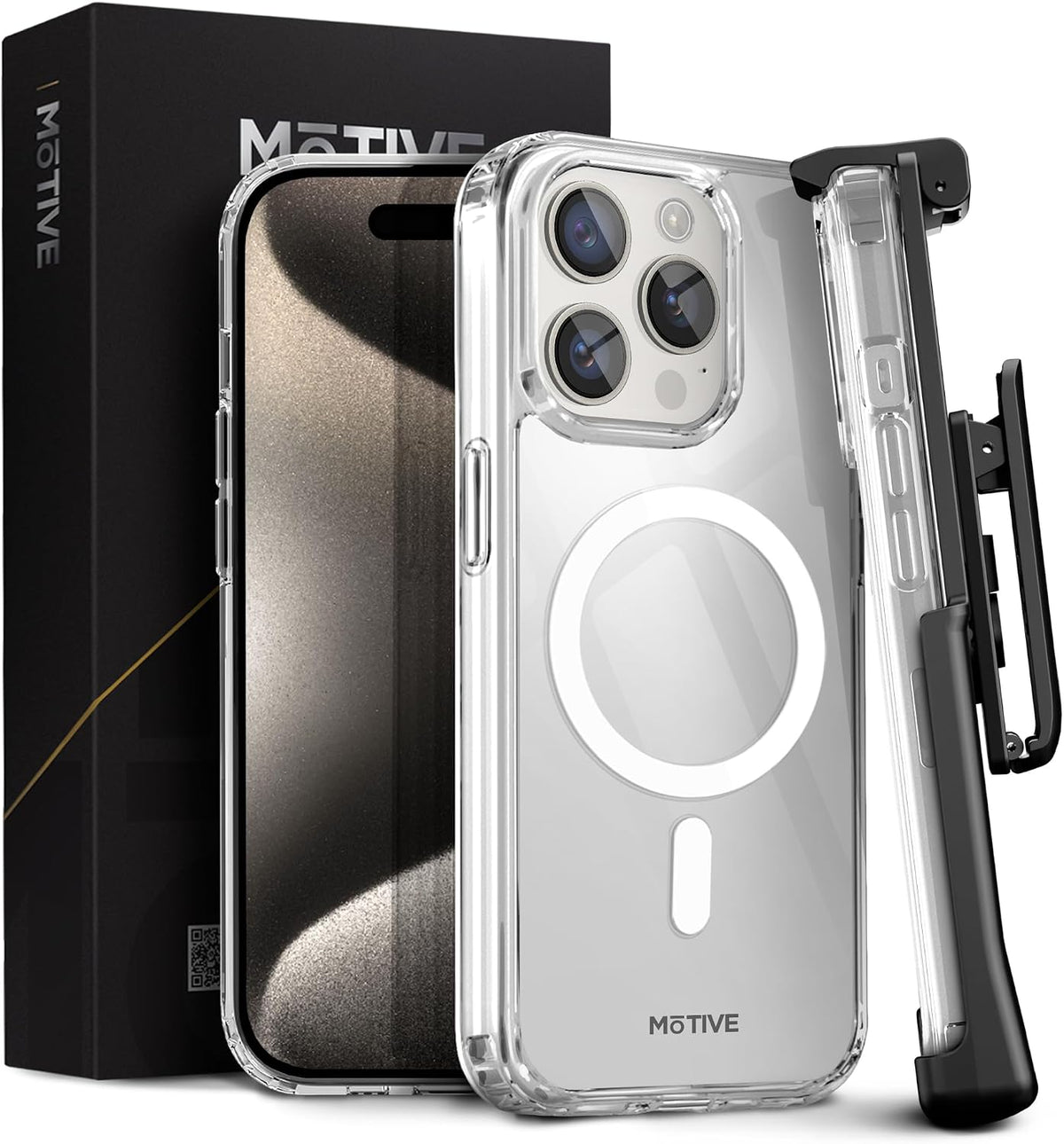 Motivecase Crystal Clear Series transparent MagSafe case for iPhone 15 Pro Max featuring drop protection, rotating belt clip holster, and original packaging. **(22 words)**