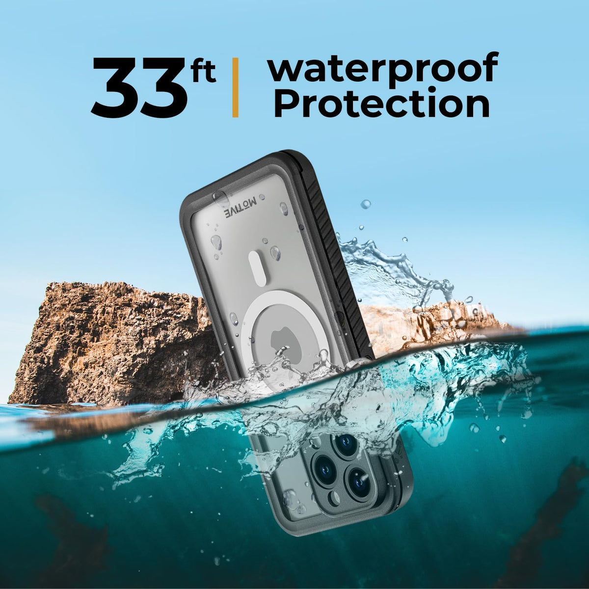 Motivecase Waterproof Series case for iPhone 15 Pro Max submerged in ocean water demonstrating IP68 waterproof rating protection up to 33 feet depth. **(23 words)**