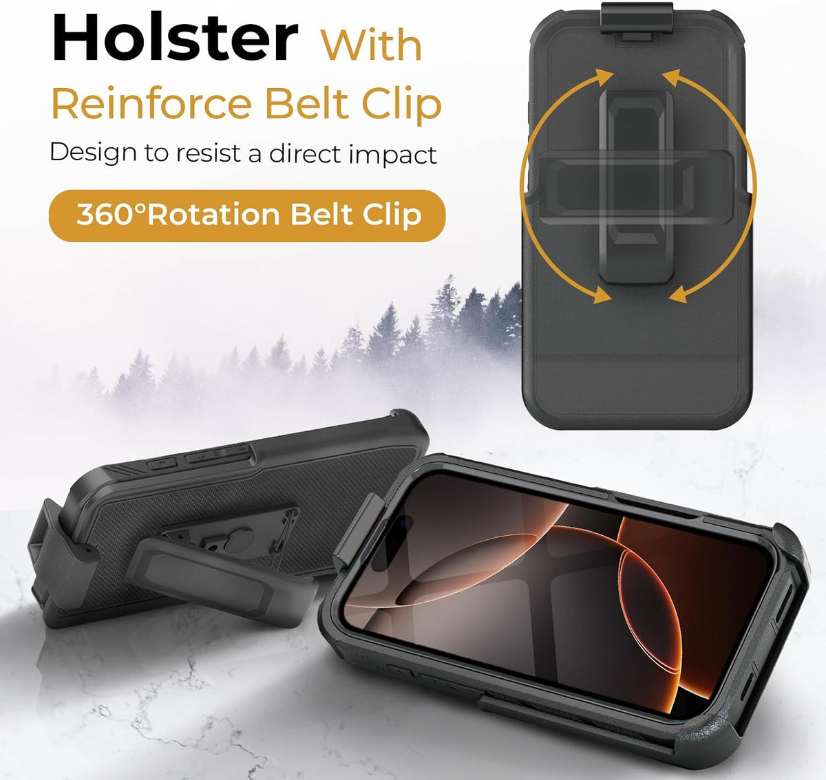 Motivecase Bunker case for iPhone 16 Pro Max featuring 360-degree rotation belt clip holster with anti-scratch fabric lining for heavy-duty protection.