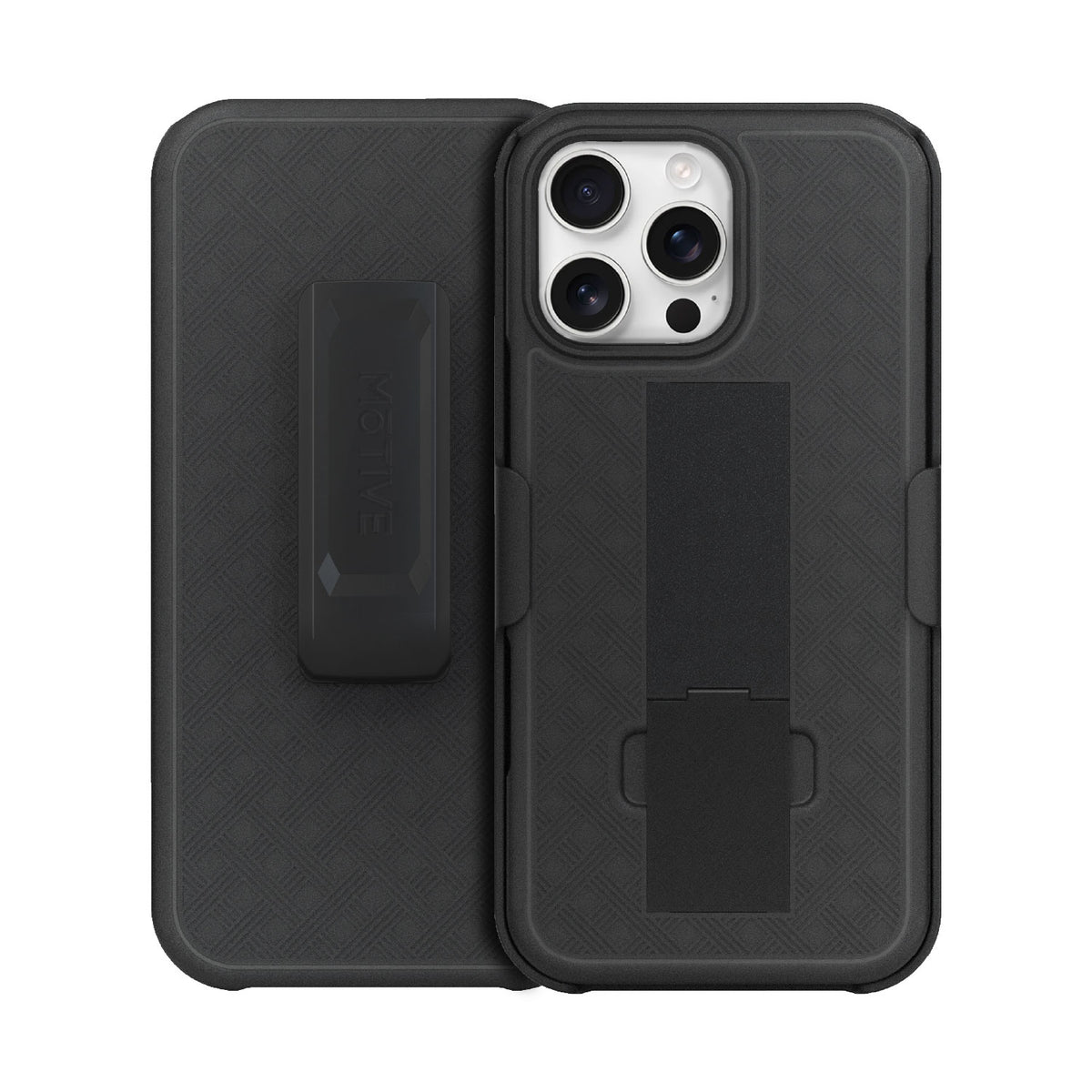 Black Motivecase Ranger V1 case for iPhone 16 Pro Max featuring front screen protection, textured back cover, kickstand, and holster.