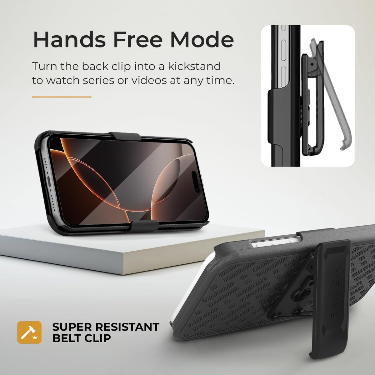 Motivecase Ranger V1 case for iPhone 16 Pro Max shown in landscape hands-free mode using heavy-duty belt clip holster as a kickstand.