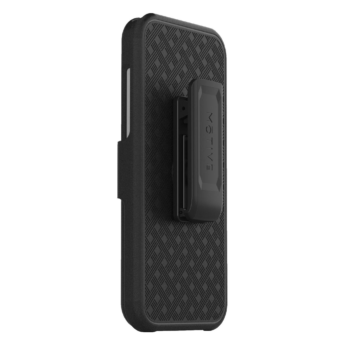 Heavy-duty Motivecase Ranger V1 clip holster for iPhone 16 Pro Max featuring durable 360-degree rotating belt clip with brand logo.