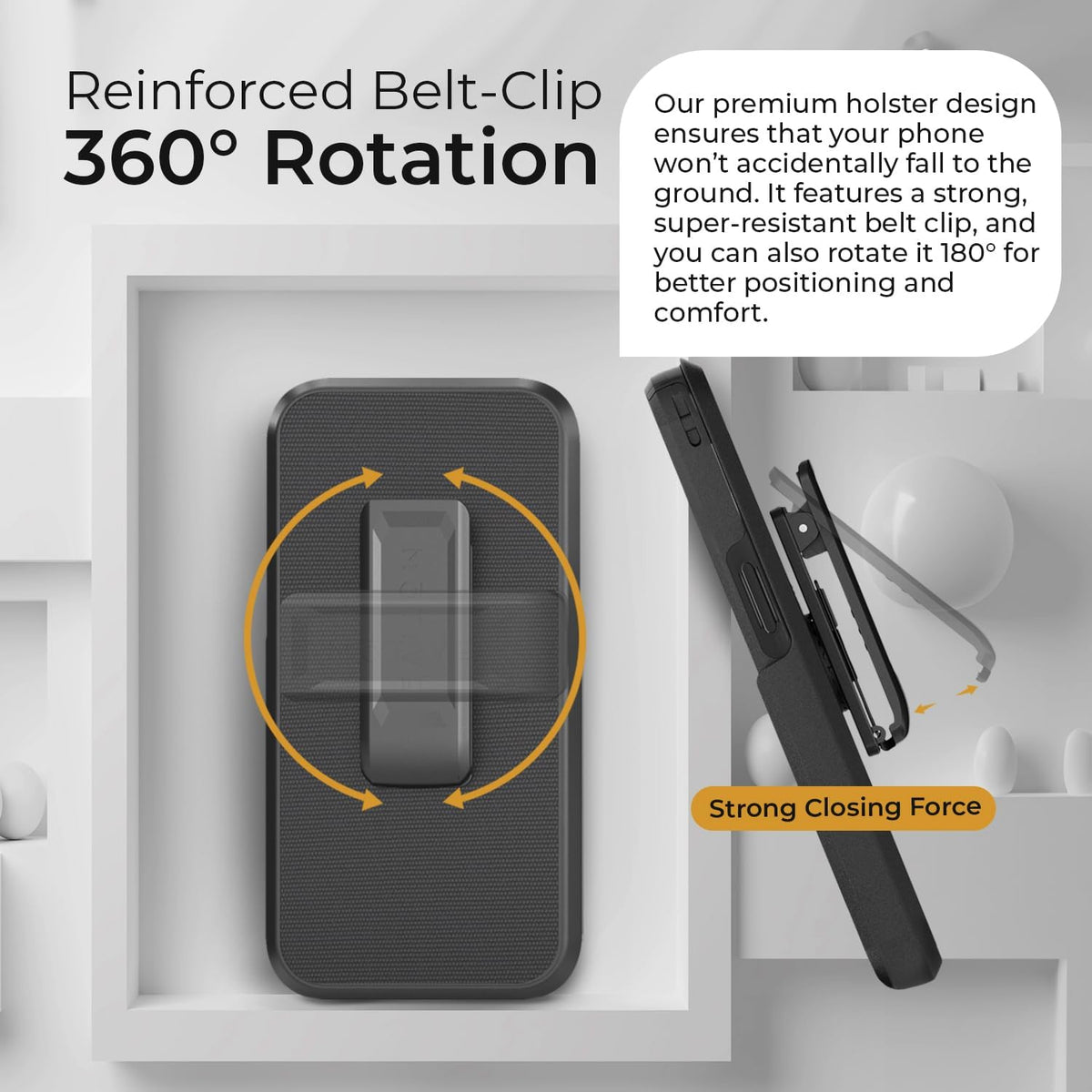 Heavy-duty Motivecase Ranger V2 phone holster for iPhone 16 Pro Max featuring durable 360-degree rotating belt clip swivel for convenient carrying.