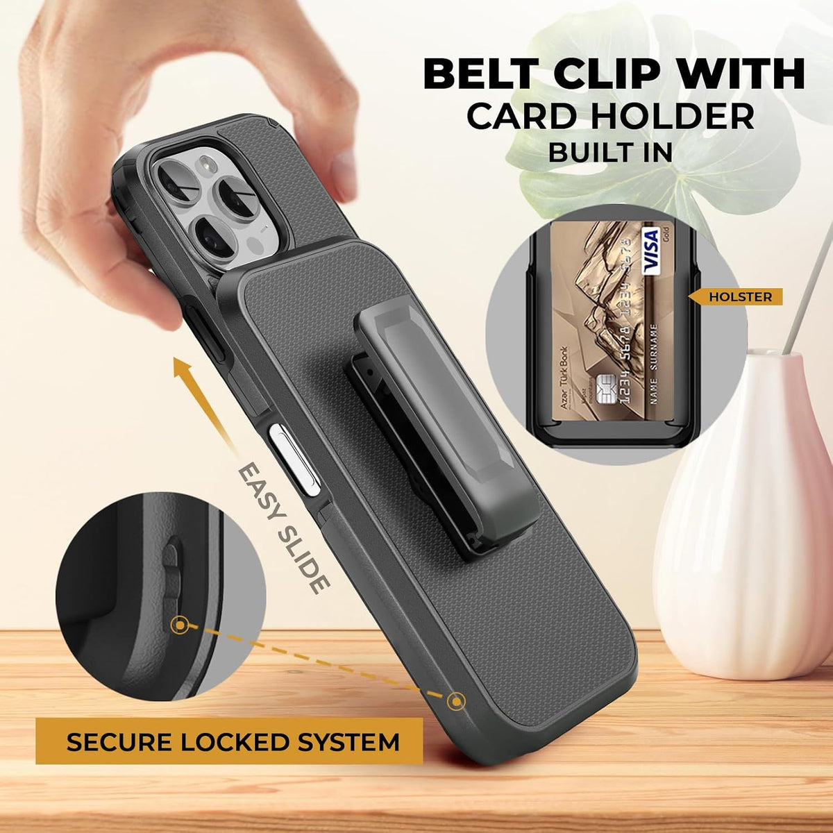 Motivecase Ranger V2 phone holster for iPhone 16 Pro Max showing dual utility functions with heavy-duty belt clip and integrated card holder slot.