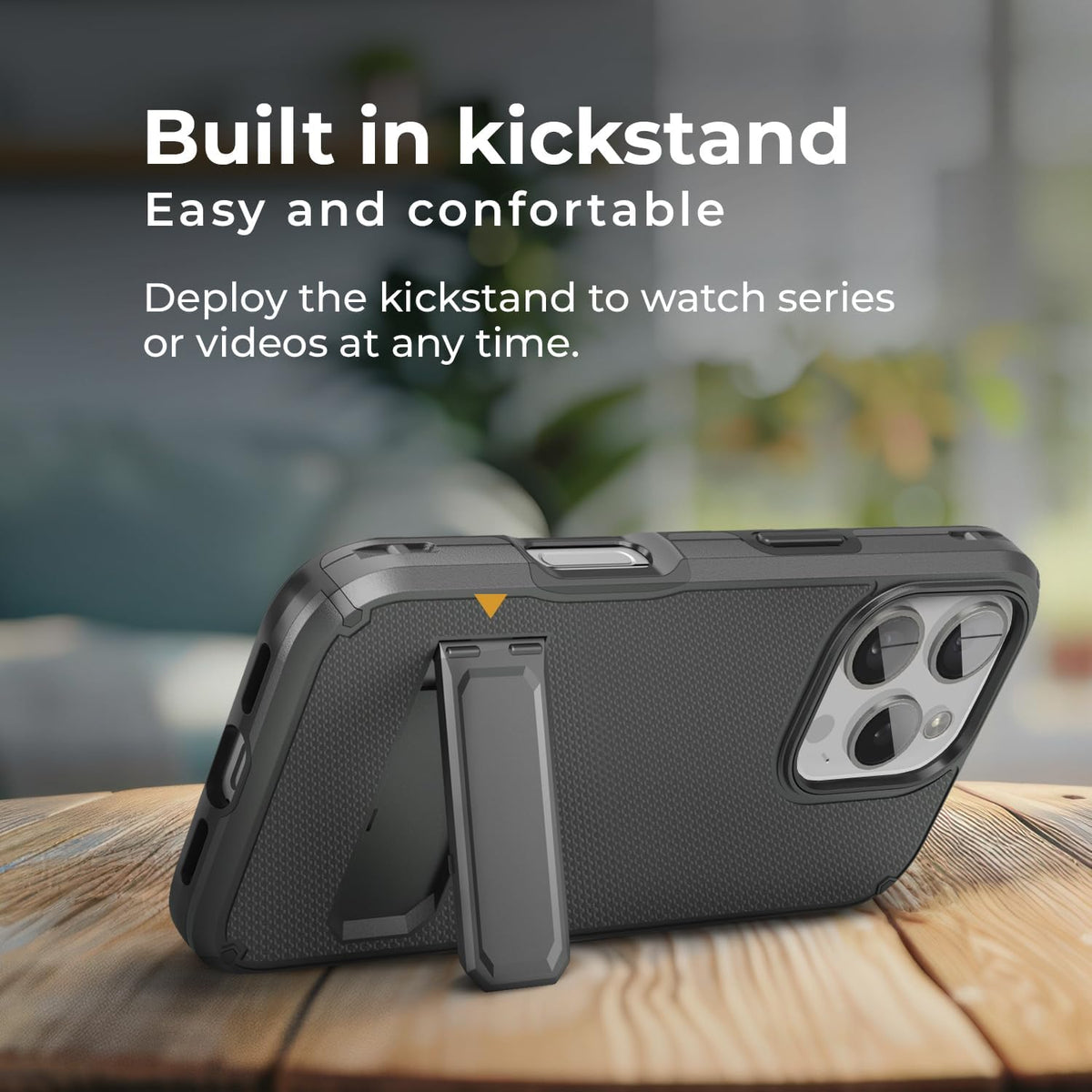 Motivecase Ranger V2 heavy-duty case for iPhone 16 Pro Max standing securely using integrated multi-angle retractable kickstand for hands-free viewing.