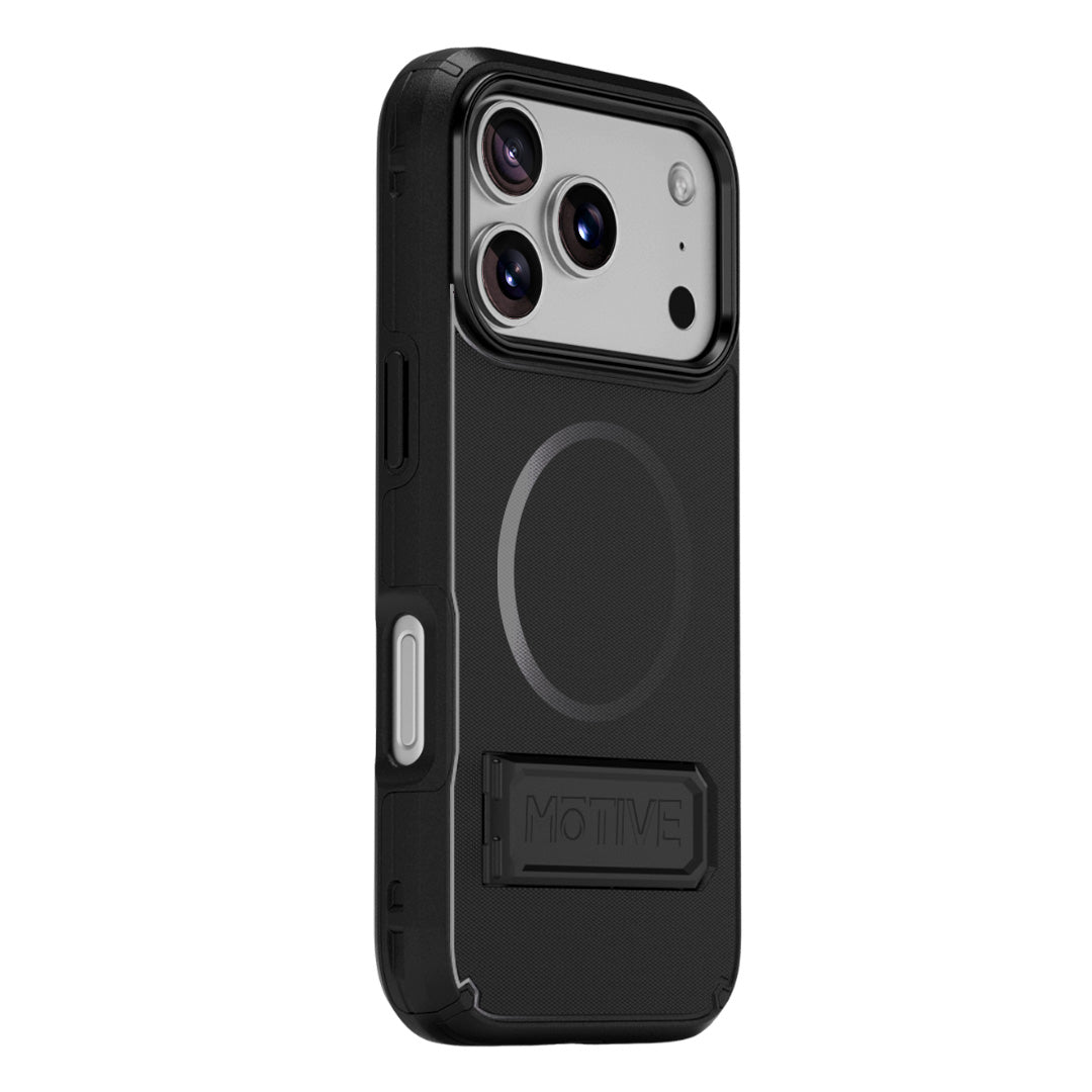 Tactical Motivecase Ranger V2 case for iPhone 17 Pro Max with heavy-duty drop protection, raised camera ring, MagSafe compatibility, and kickstand.