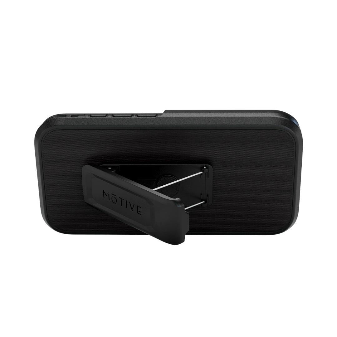 Motivecase Ranger V2 phone case for iPhone 17 Pro Max resting in landscape desktop mode using sturdy built-in retractable kickstand.