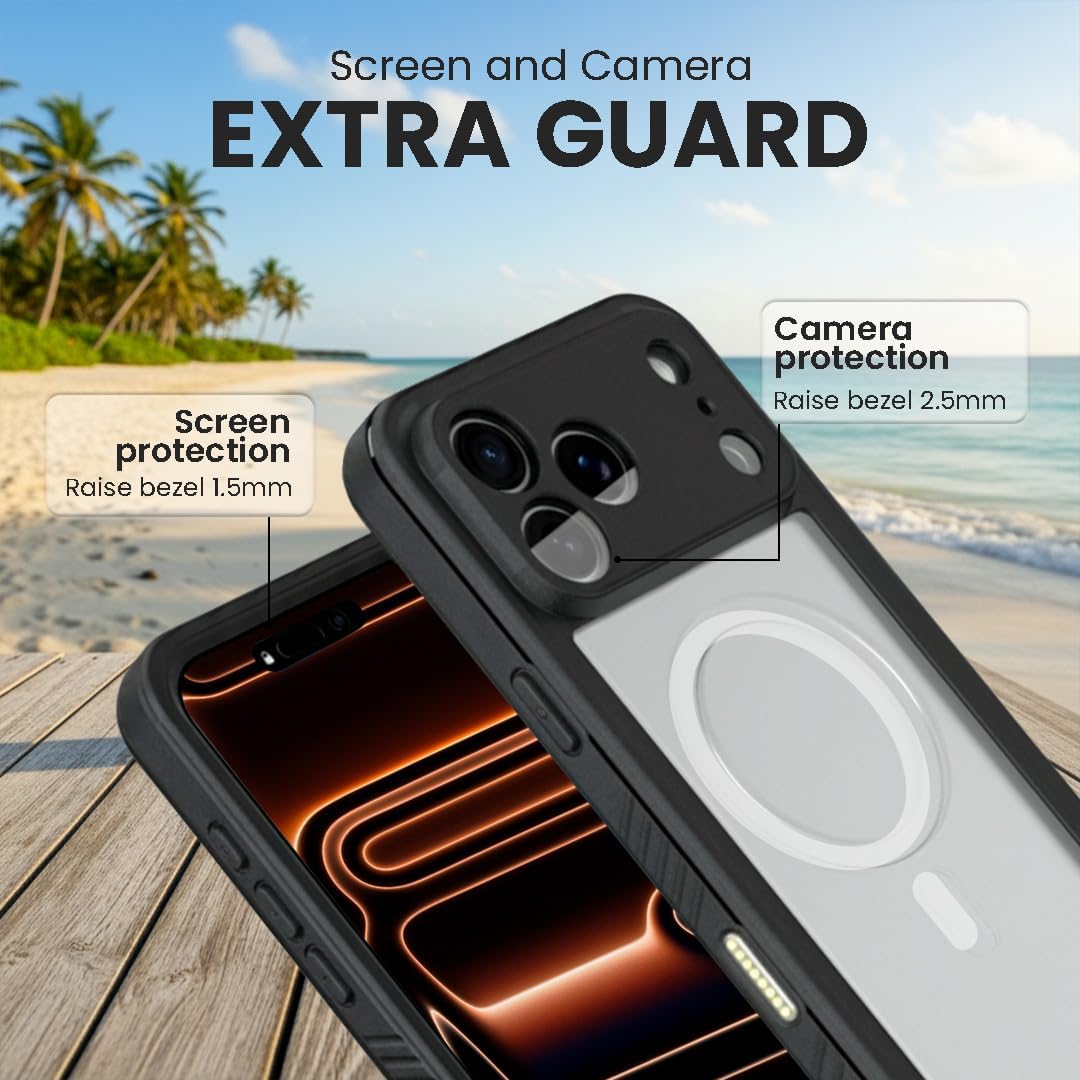 Detailed view of Motivecase Waterproof Series iPhone 17 Pro Max case highlighting raised 2.5mm camera lens bezel and 1.5mm screen guard protection on a beach deck. **(26 words)**