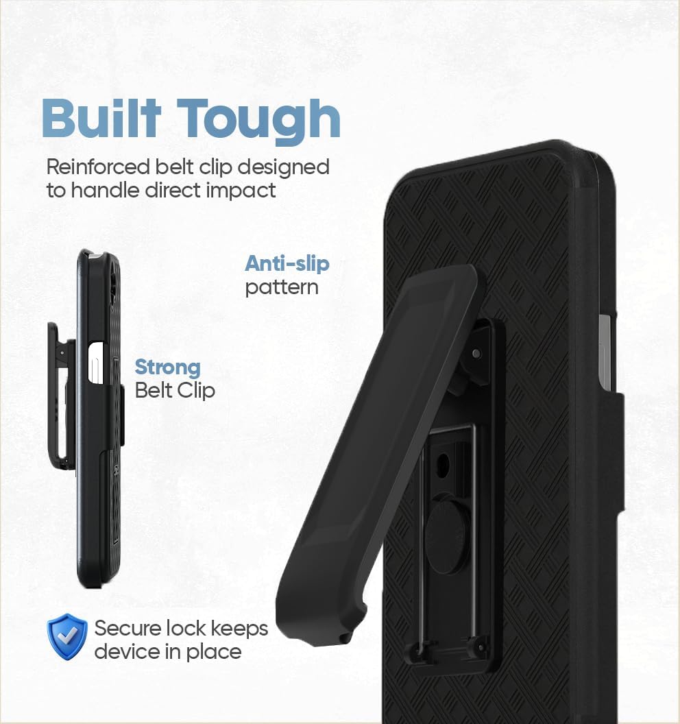 `Rugged Motivecase Ranger V1 case for iPhone 17e attached to belt featuring 360-degree rotating swivel clip holster for easy carrying.`