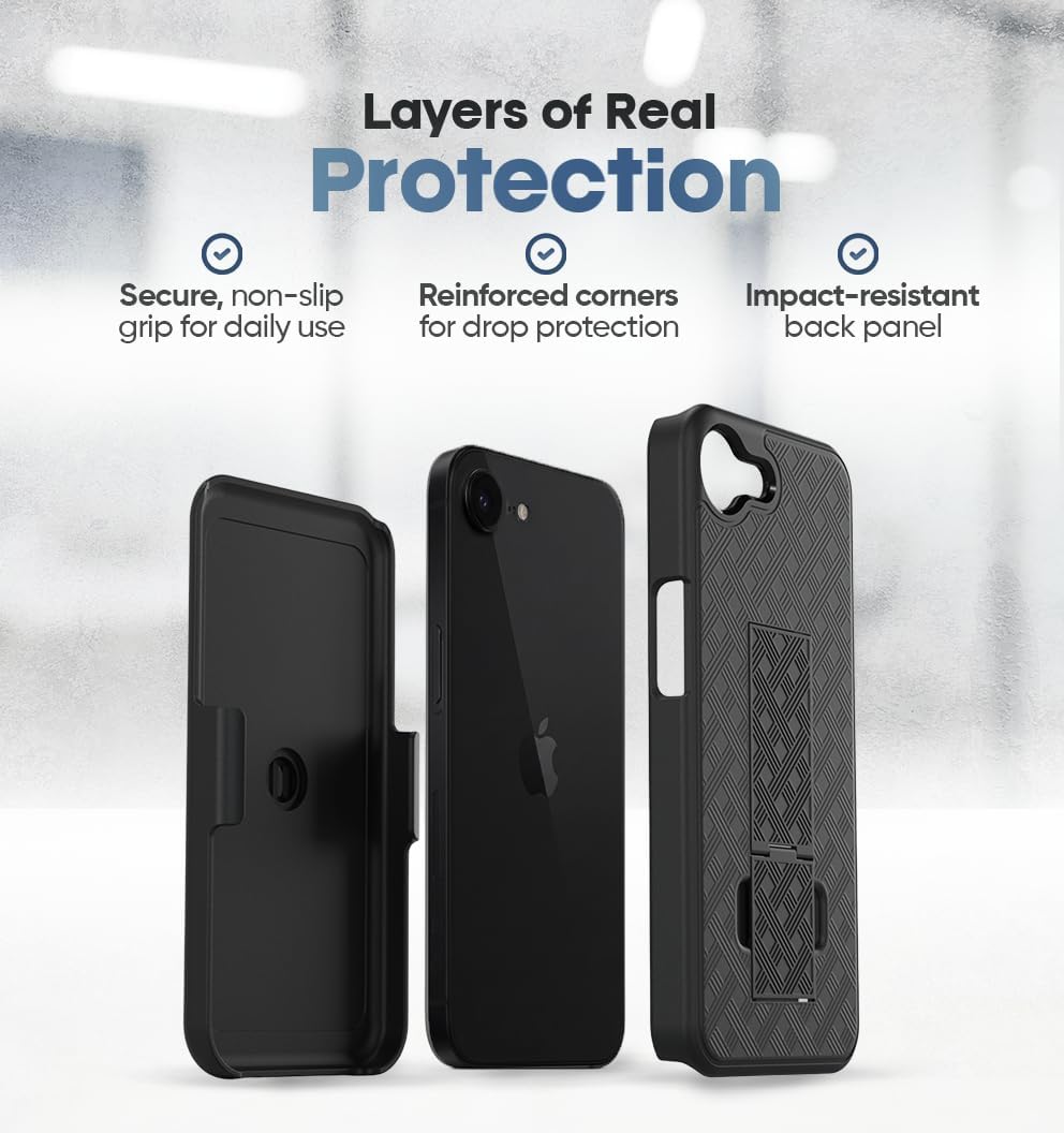 `Exploded 360-degree protection diagram of Motivecase Ranger V1 case for iPhone 17e showing soft inner layer and shockproof outer cover.`