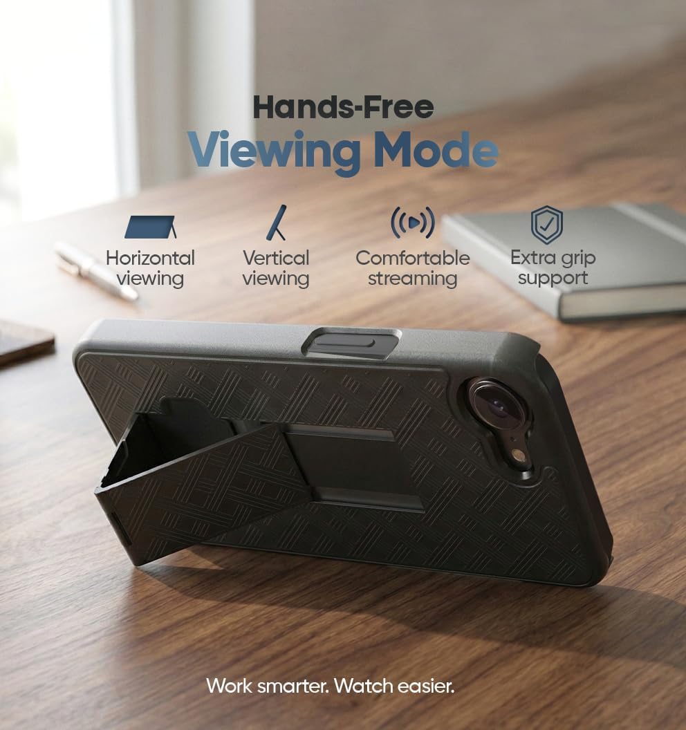 `Motivecase Ranger V1 case for iPhone 17e shown in landscape hands-free mode using heavy-duty belt clip holster as a kickstand.`