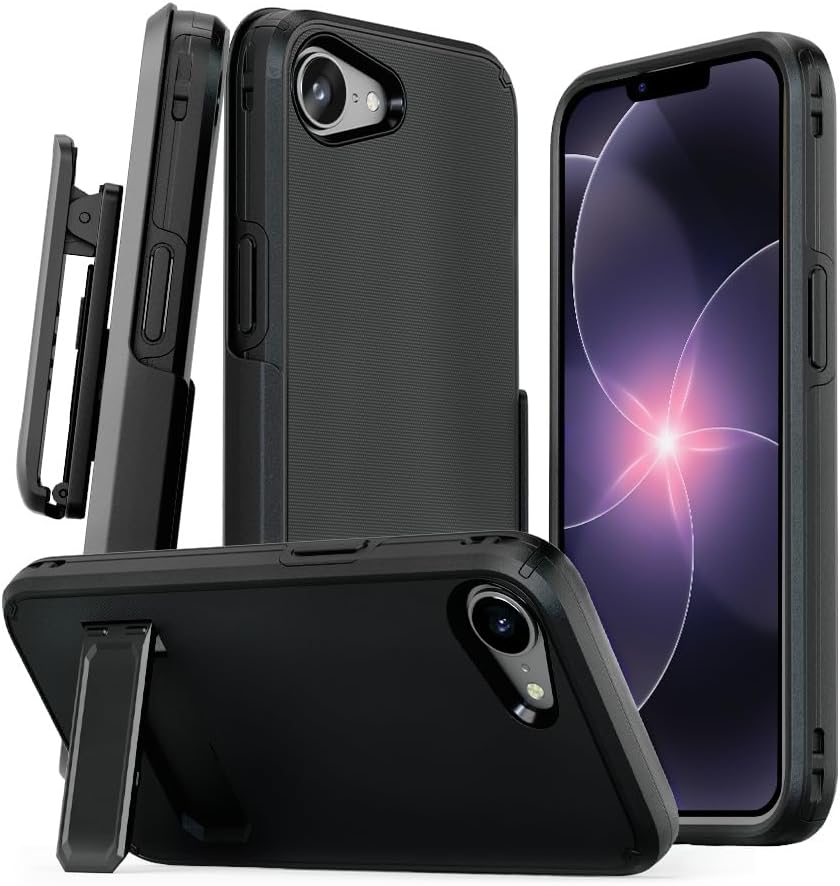 Motivecase Ranger V2 Series case for iPhone 17e multi-view showing built-in kickstand, front frame, and 360-degree swivel belt clip holster. **(20 words)**