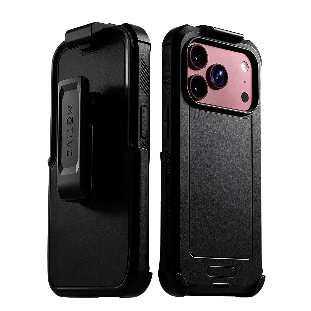 Motivecase Bunker Series heavy-duty phone case and detachable 360-degree rotating belt clip holster combo engineered for iPhone 18 Pro Max protection.