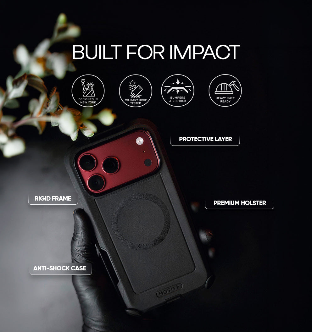 Front view of Motivecase Bunker Series military-grade heavy-duty phone case for iPhone 18 Pro Max featuring raised screen edges.
