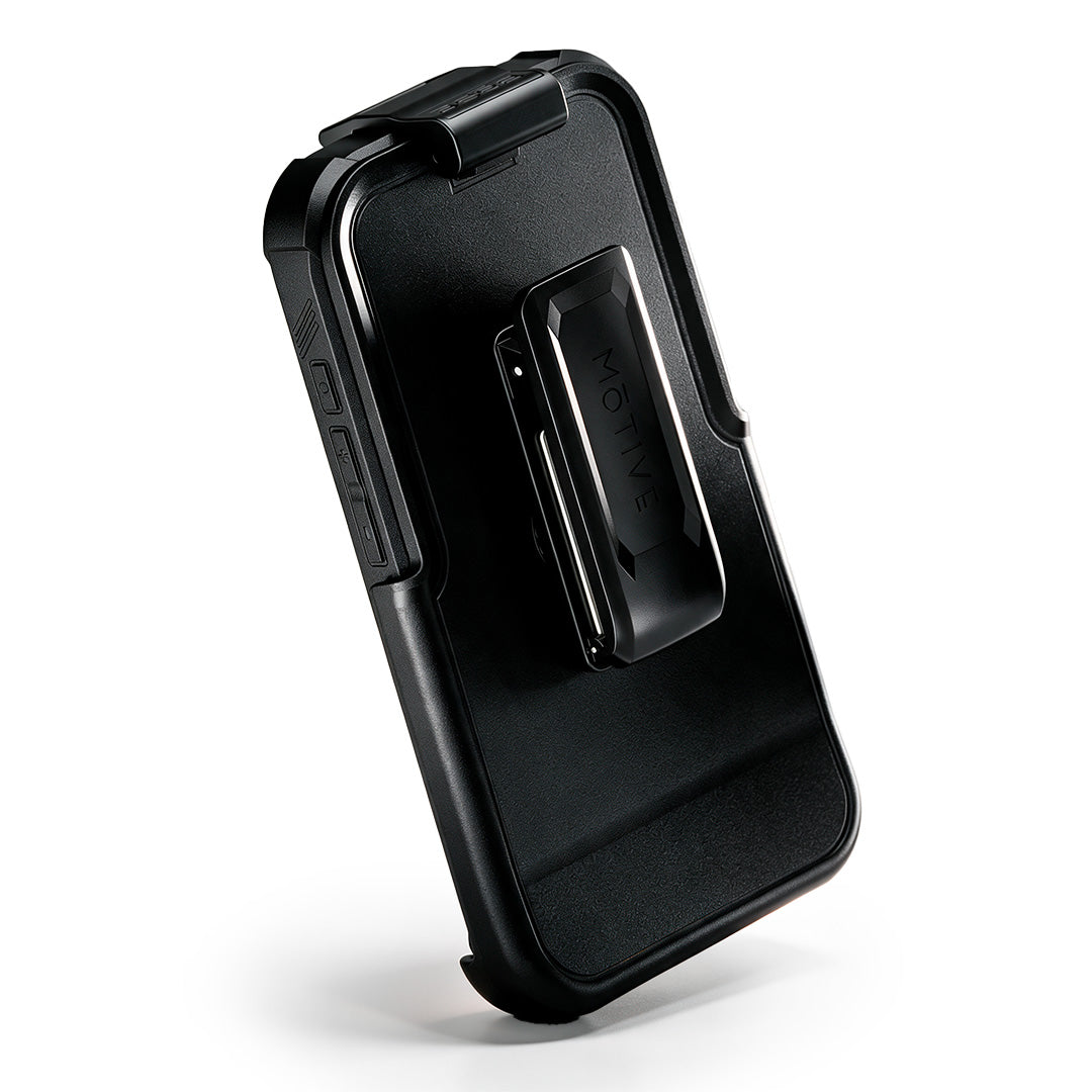 Heavy-duty Motivecase Bunker Series phone holster for iPhone 18 Pro Max featuring a durable 360-degree rotating swivel belt clip for daily defense.