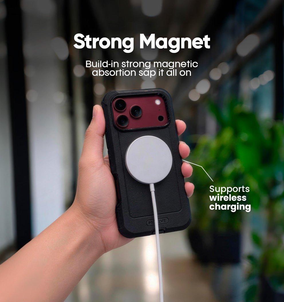 Magnetic Motivecase Bunker Series phone case for iPhone 18 Pro Max aligned with wireless MagSafe charger for fast reliable battery charging.