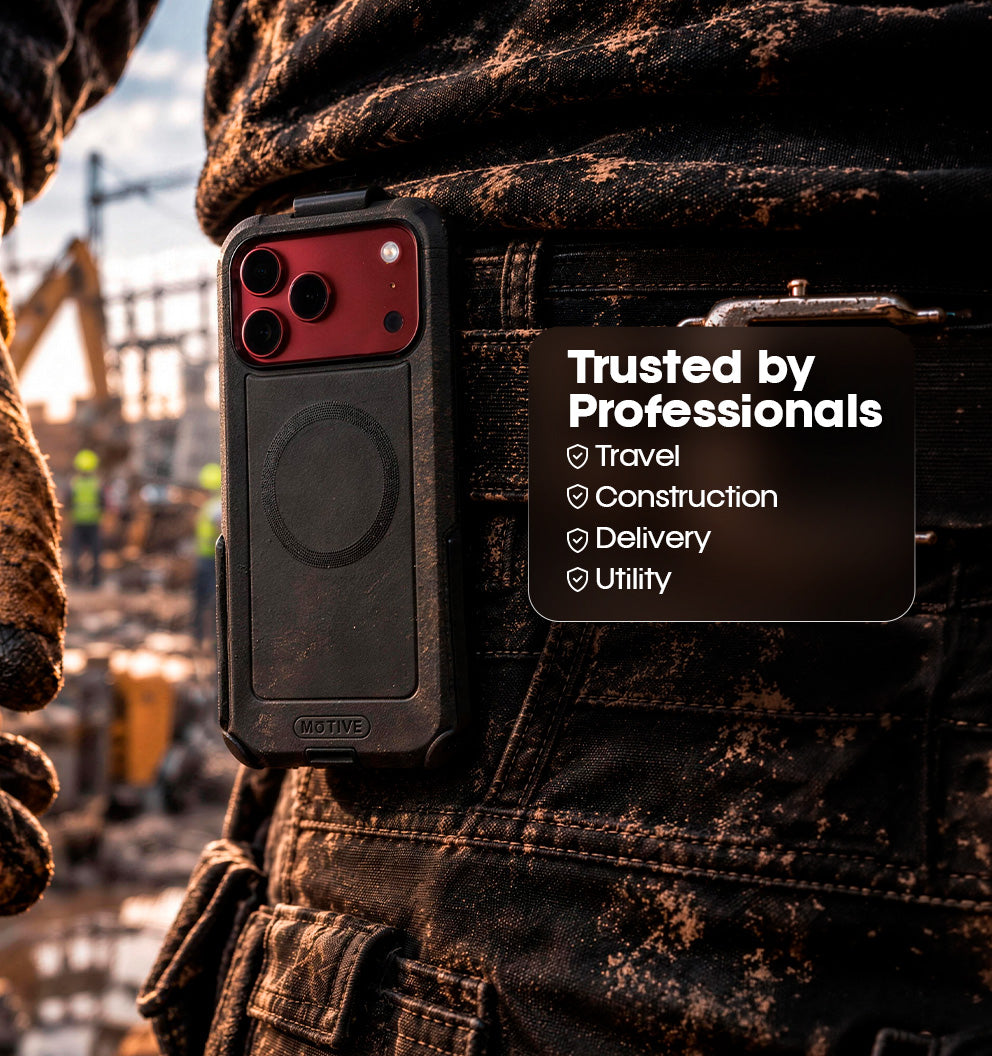 Outdoor hiker lifestyle photo displaying Motivecase Bunker Series rugged protective phone case for iPhone 18 Pro Max clipped securely to backpack strap.