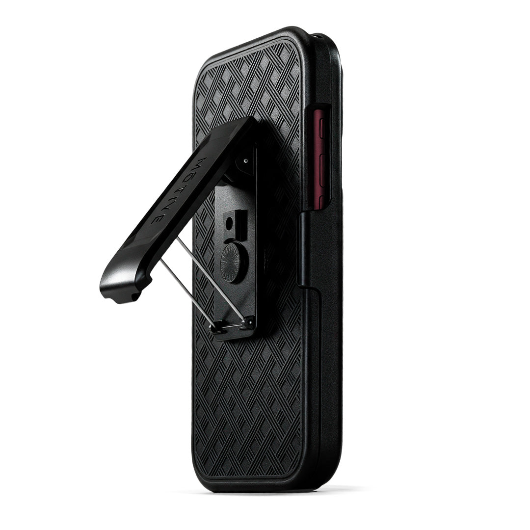 Rugged Motivecase Ranger V1 phone holster for iPhone 18 Pro Max featuring durable 360-degree swivel belt clip functioning as a landscape kickstand.