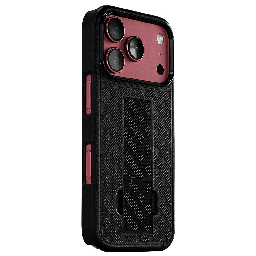 Motivecase Ranger V1 heavy-duty phone case for iPhone 18 Pro Max showing textured grip armor, retractable kickstand, and camera protection.