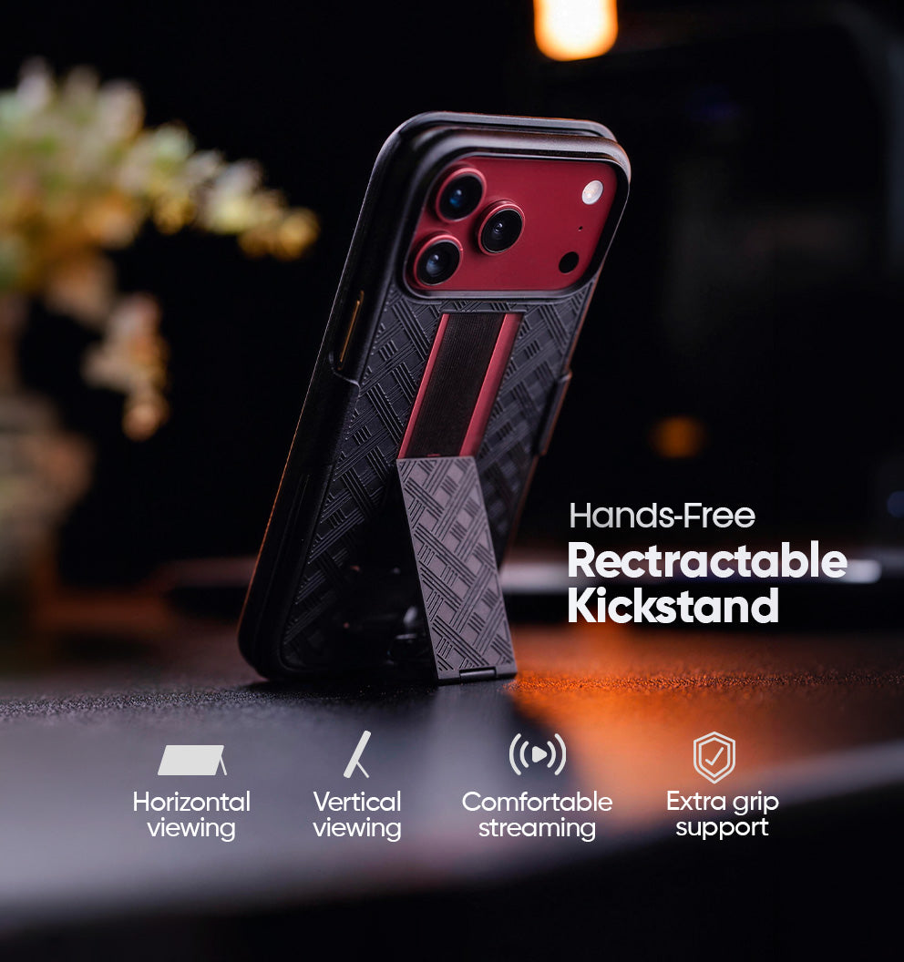 Motivecase Ranger V1 heavy-duty case for iPhone 18 Pro Max standing securely with built-in retractable kickstand for hands-free media viewing.