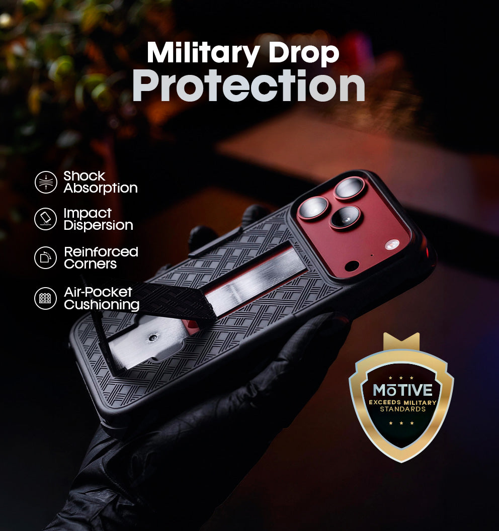 Military drop test demonstration showcasing air-pocket cushioning and shock absorption of Motivecase Ranger V1 case for iPhone 18 Pro Max.