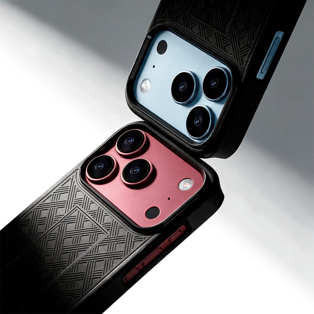 Close-up detail of Motivecase Ranger V1 phone case highlighting raised camera lens bezels and textured shockproof corner bumper armor on iPhone 18 Pro Max.