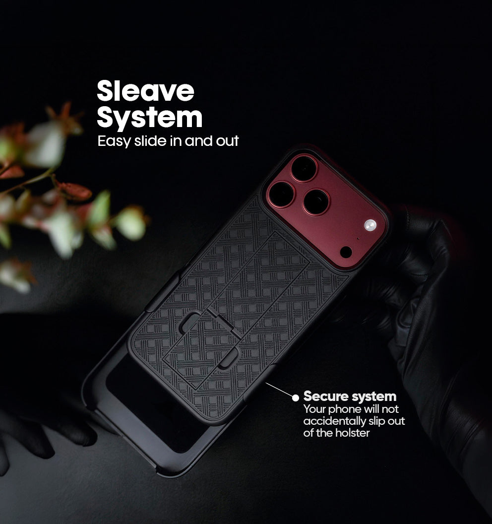 Slide-in sleeve holster system securing Motivecase Ranger V1 heavy-duty phone case for iPhone 18 Pro Max against accidental slips.