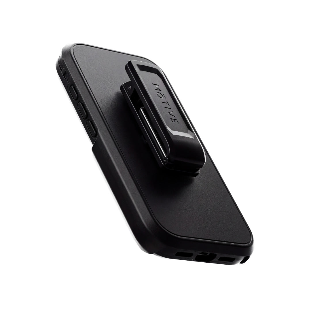 Heavy-duty Motivecase Ranger V2 phone holster for iPhone 18 Pro Max featuring durable 360-degree rotating swivel belt clip for tactical hands-free carry.