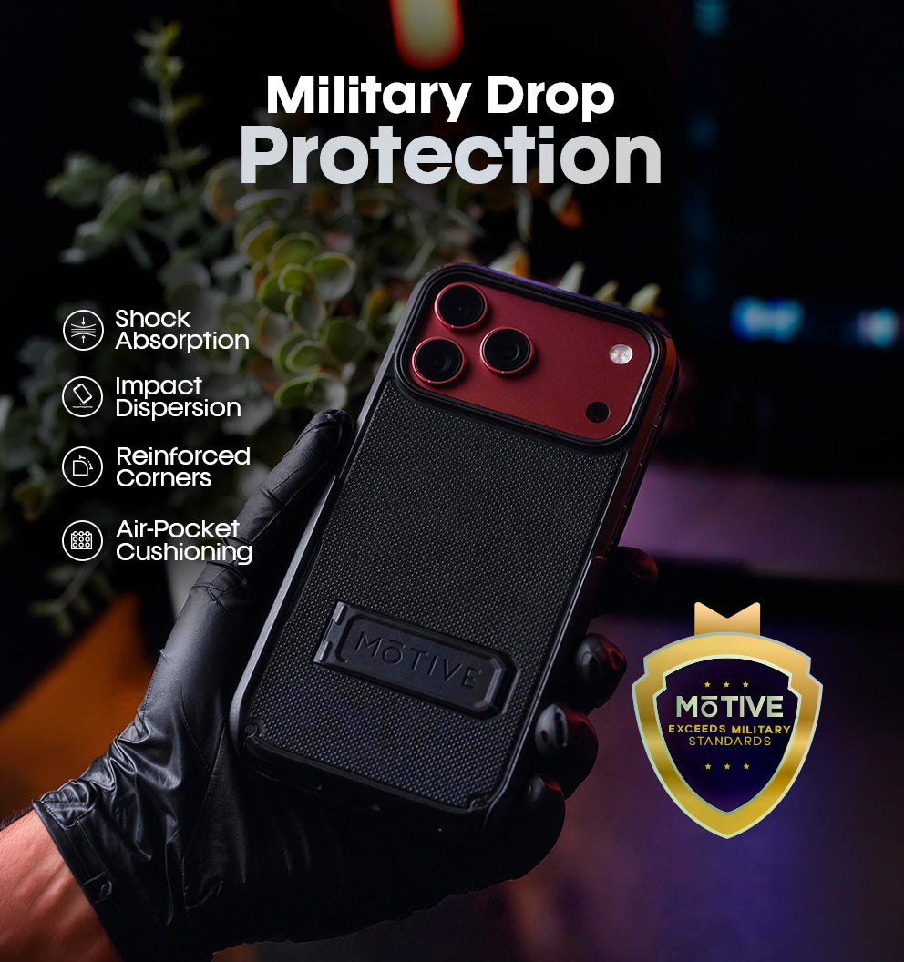 Motivecase Ranger V2 military-grade shockproof case for iPhone 18 Pro Max demonstrating 10-foot drop absorption with reinforced corners.
