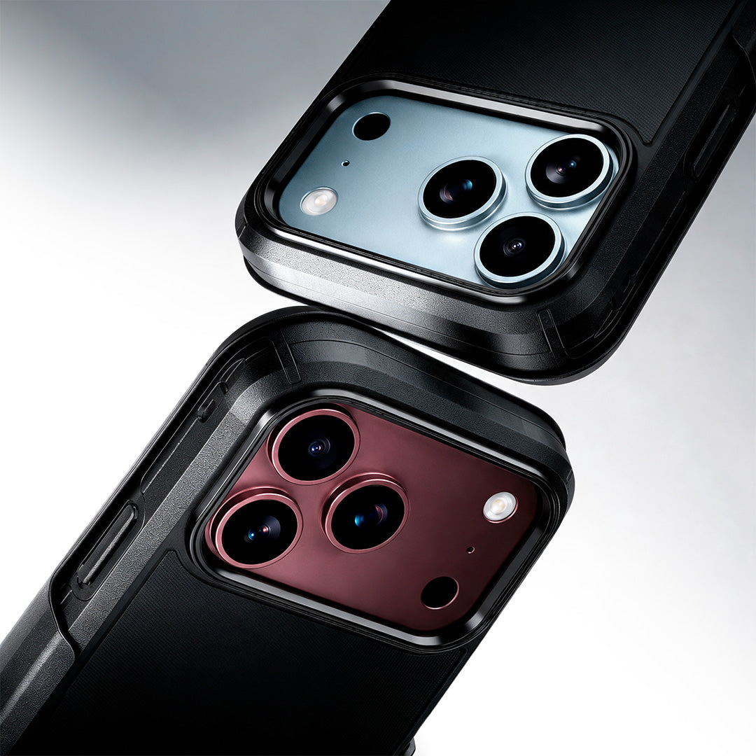 Close-up macro detail of Motivecase Ranger V2 protective case for iPhone 18 Pro Max displaying reinforced raised camera bezels guarding lenses from drops.