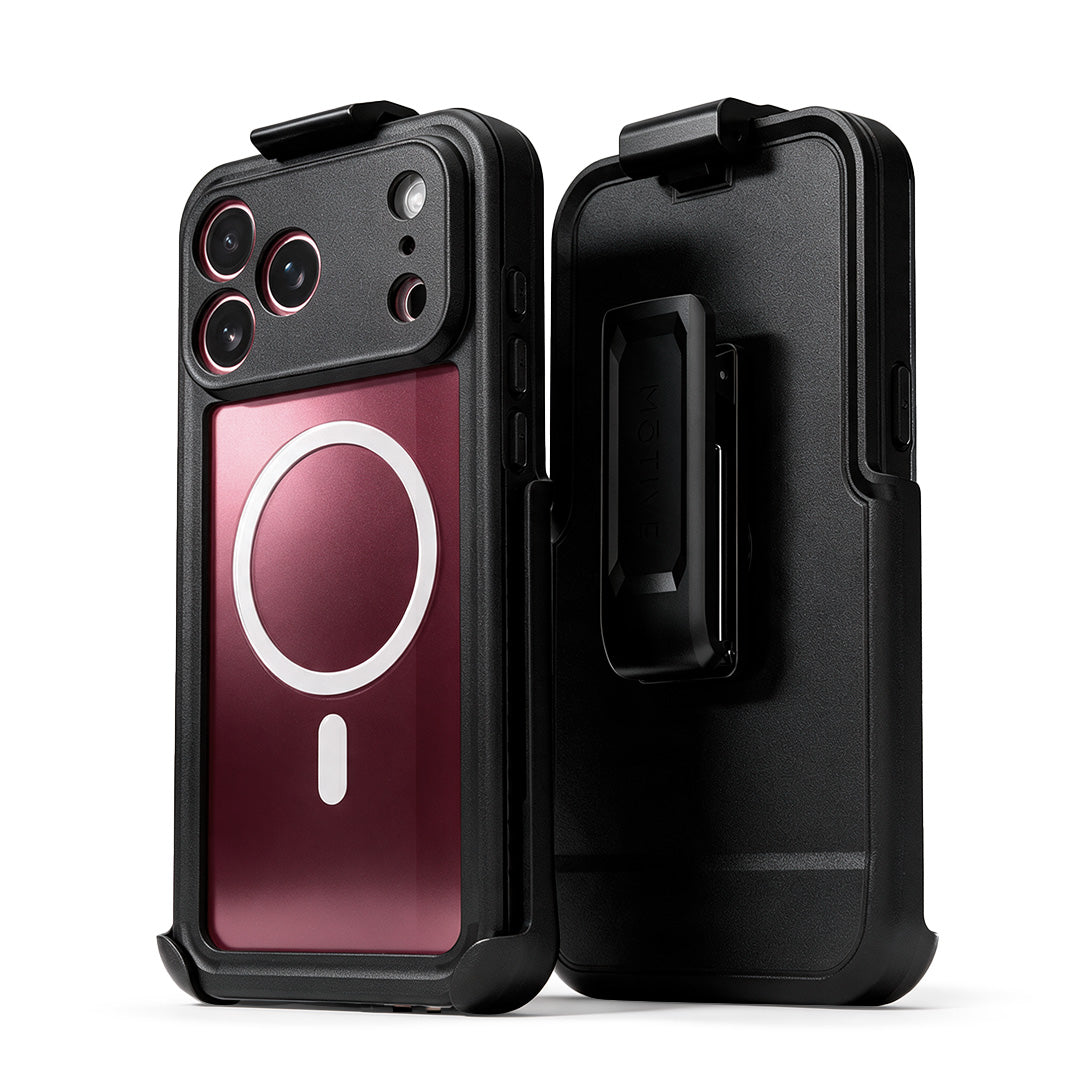 Motivecase Waterproof Series heavy-duty protective phone case for iPhone 18 Pro Max paired with detachable belt clip holster combo set for maximum defense.