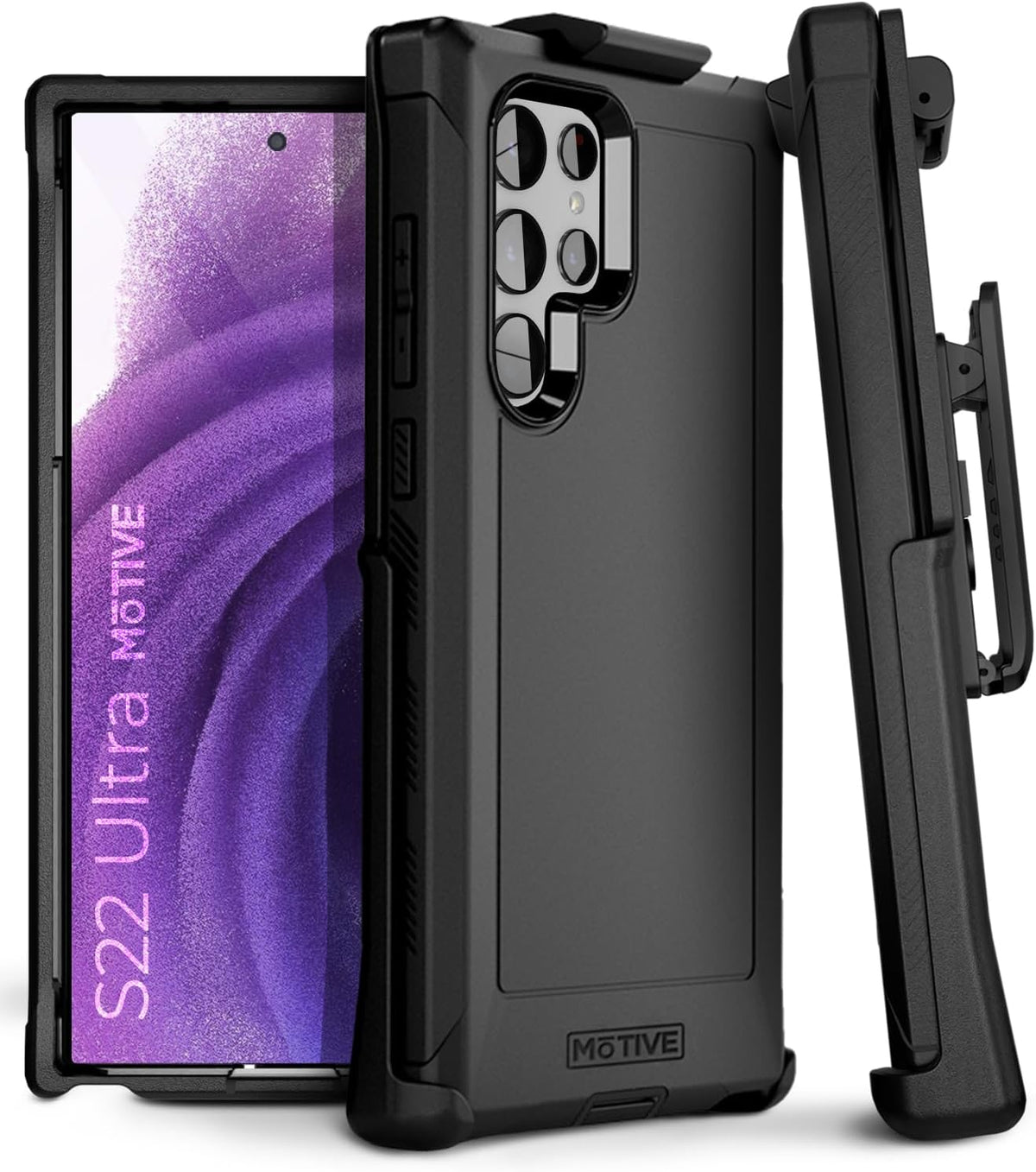 Studio presentation of Motivecase Bunker heavy-duty case for Samsung Galaxy S22 Ultra featuring front screen bezel, rear camera cutout, and side clip.
