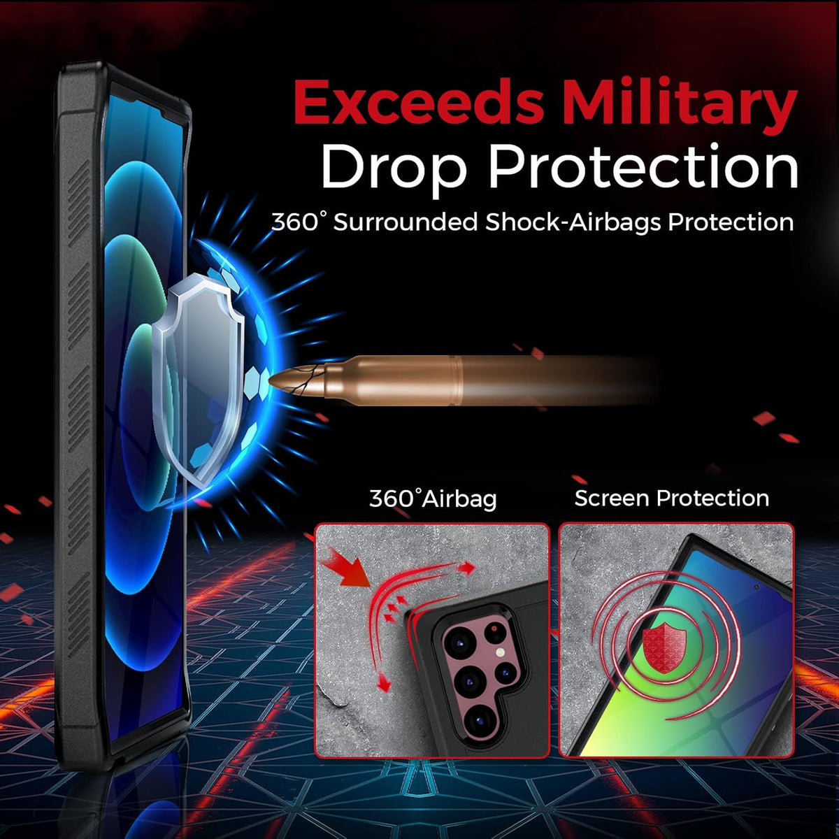 Graphic of Motivecase Bunker heavy-duty case for Samsung Galaxy S22 Ultra demonstrating military drop protection with air-cushioned shock-absorbing corners over dark background.