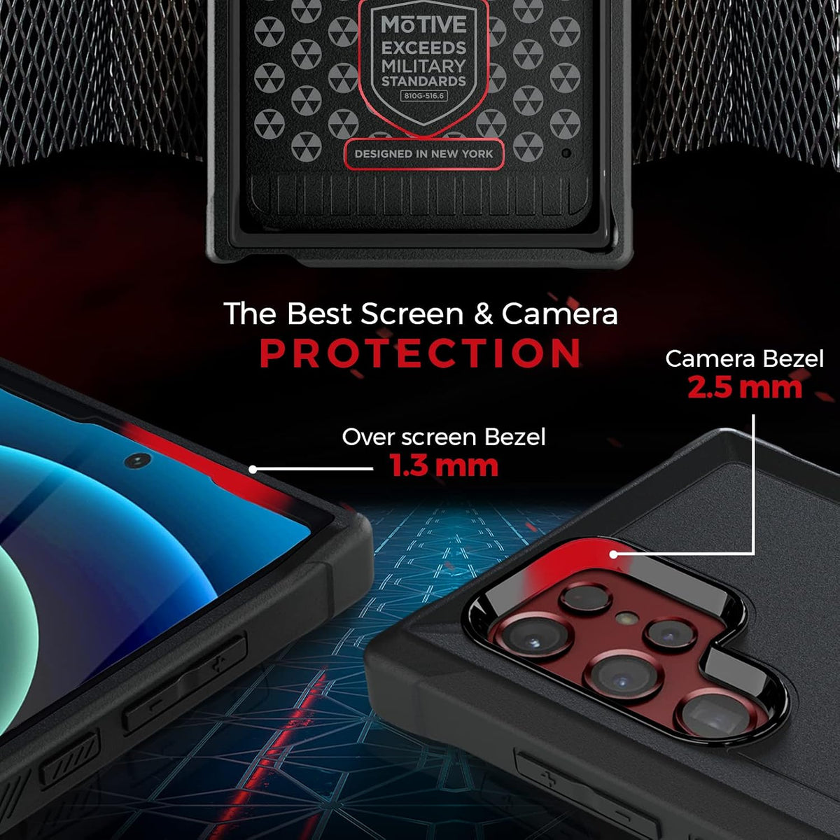 Detailed diagram of Motivecase Bunker case for Samsung Galaxy S22 Ultra highlighting 2.5mm raised camera bezel and 1.3mm screen edge protection.