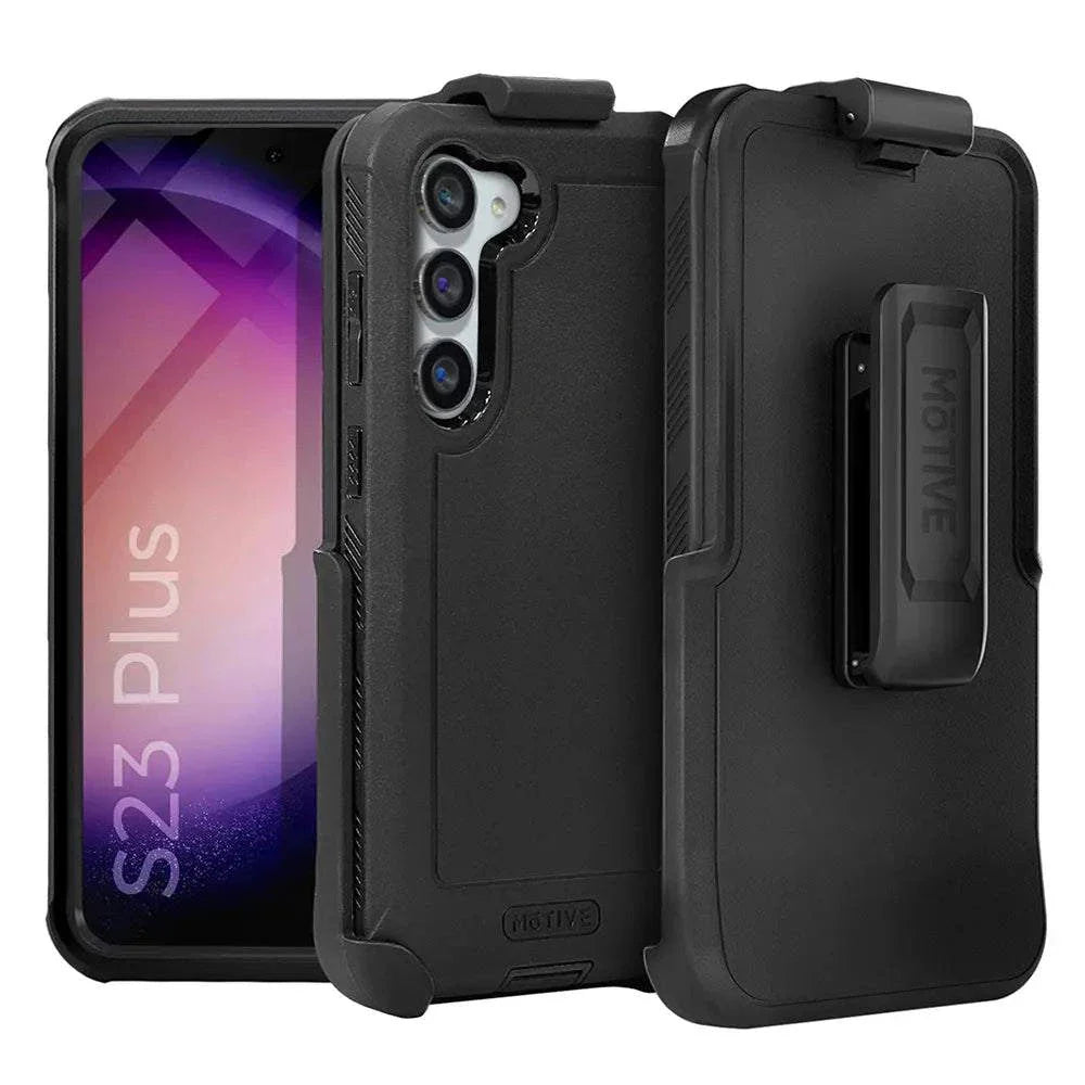 Official Motivecase Bunker case for the Samsung Galaxy S23 Plus, showing multiple views.