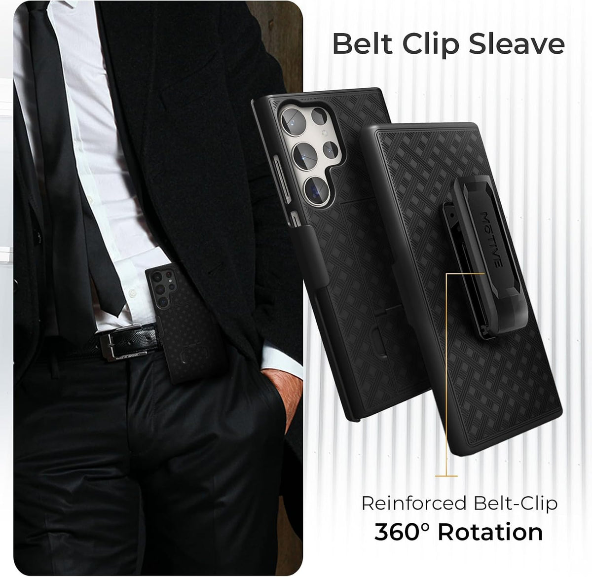 Rugged Motivecase Ranger V1 case for Samsung Galaxy S23 Ultra attached to belt featuring 360-degree rotating swivel clip holster for carrying.