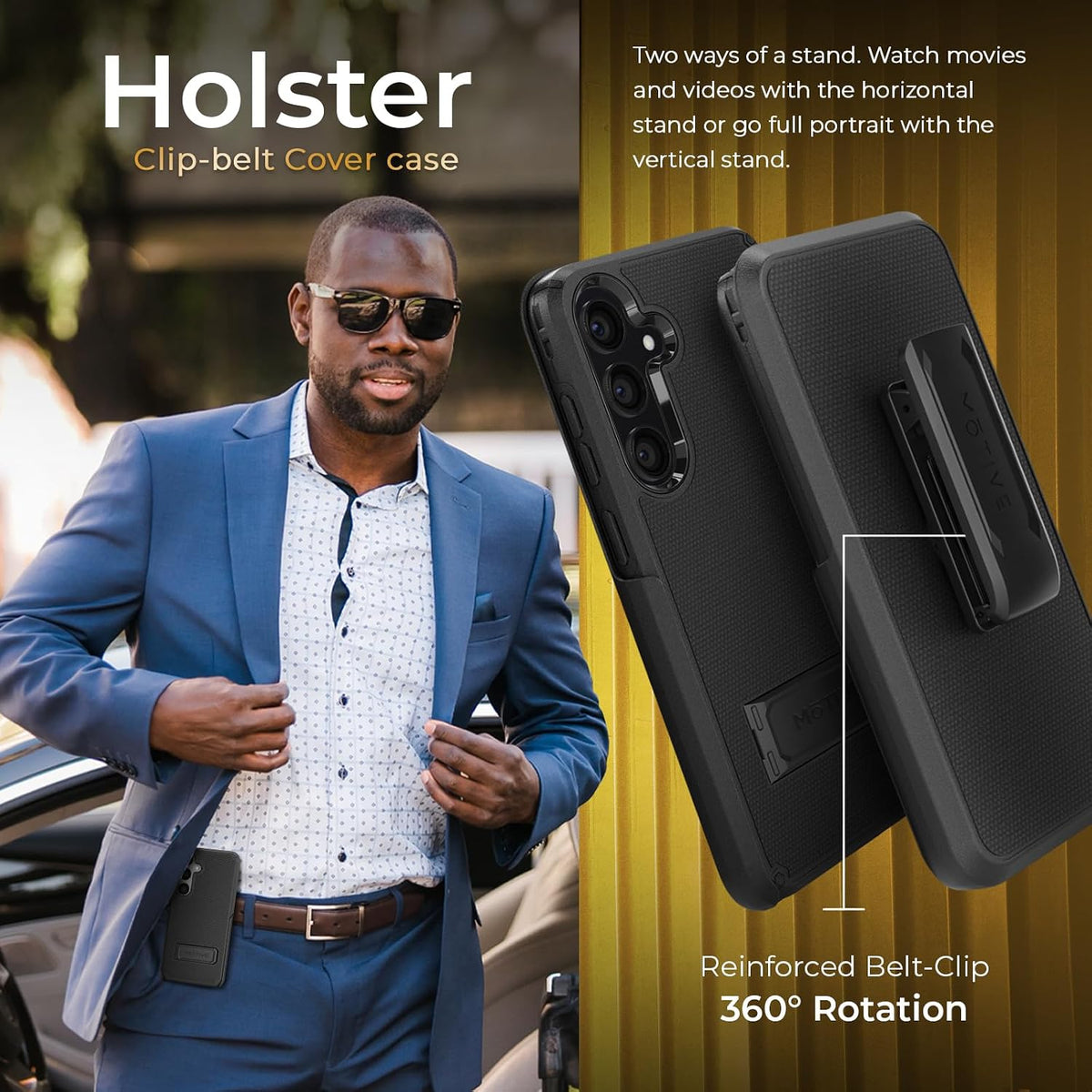 Heavy-duty Motivecase Ranger V2 phone holster for Samsung Galaxy S24 Plus featuring durable 360-degree rotating belt clip swivel for convenient carrying.