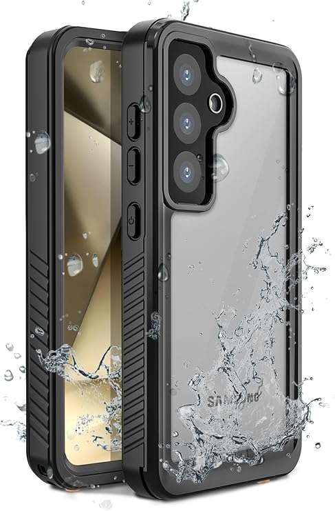 Official Motivecase IP68 Waterproof case for Samsung Galaxy S24 Plus, shown with a water splash effect.
