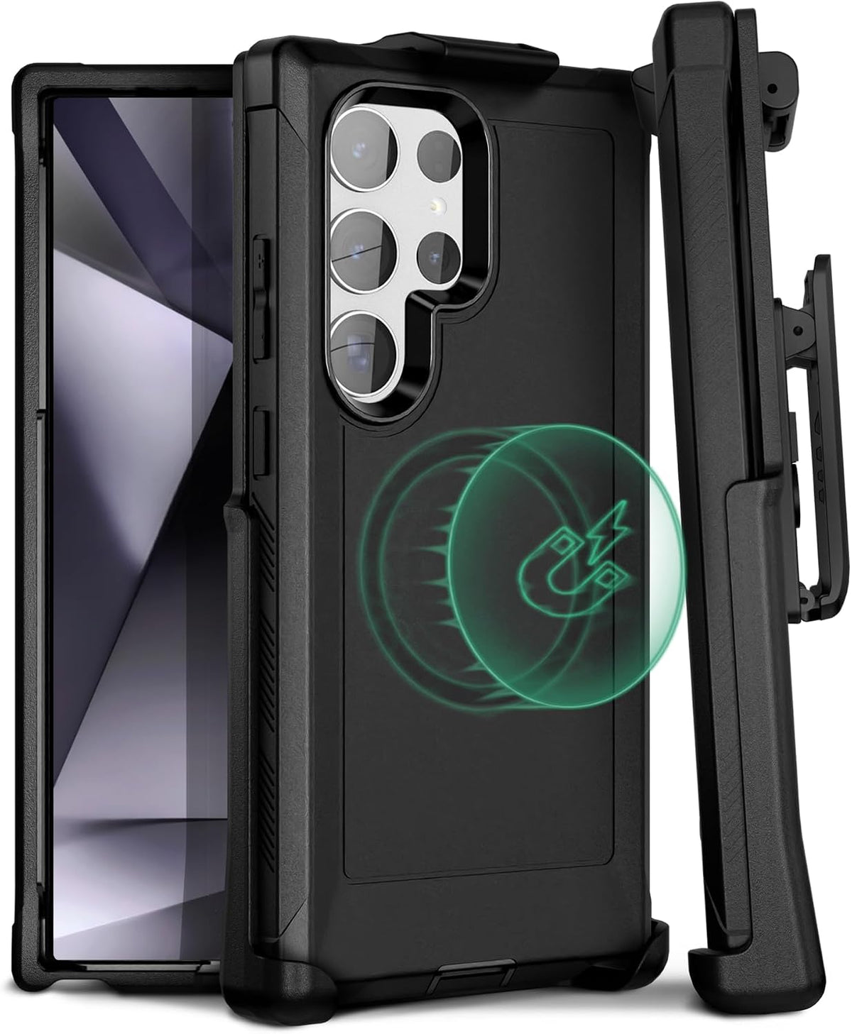 Motivecase Bunker Series heavy-duty military-grade case for Samsung Galaxy S24 Ultra featuring full-body drop protection, MagSafe magnetic compatibility, and rotating belt clip holster.
