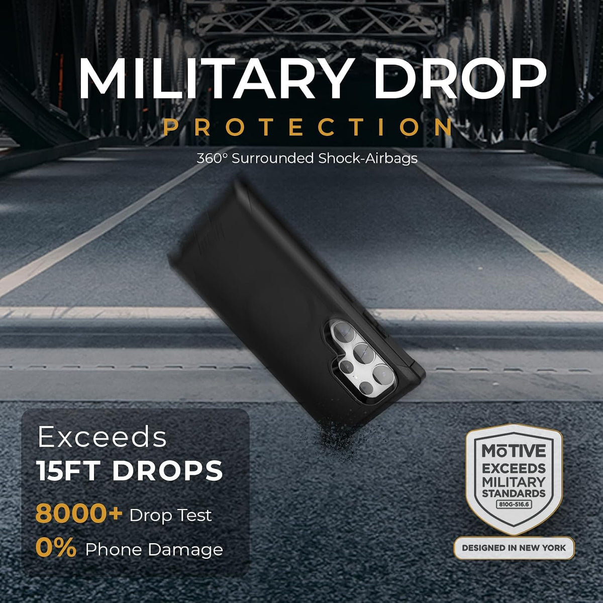 Motivecase Bunker Series military-grade drop protection case for Samsung Galaxy S24 Ultra demonstrating 15-foot drop test certification and 360 surrounded shock airbags.